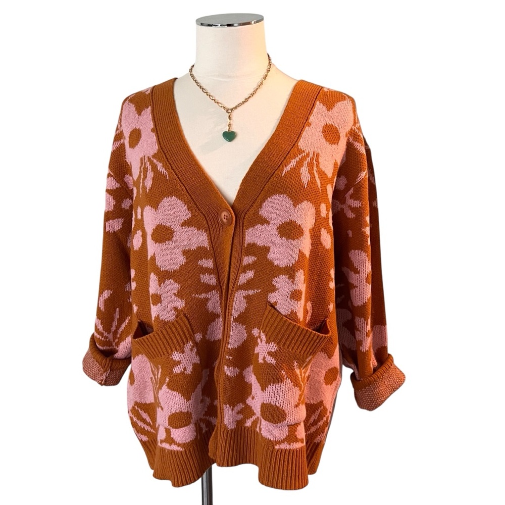 IN BLOOM Rust Brown Pink Floral Knit Cardigan V-Neck Size Small - Medium